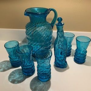 Light BLUE VIRGIN MARY GLASS BOTTLE DECANTER, Pitcher & 5 Glasses